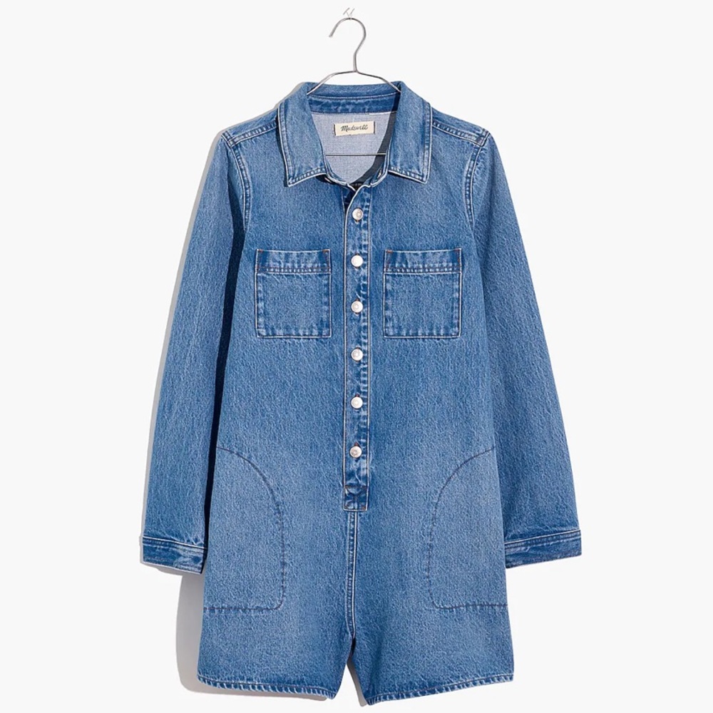 Madewell Denim Long-Sleeve Romper in Burnham Wash Size XS